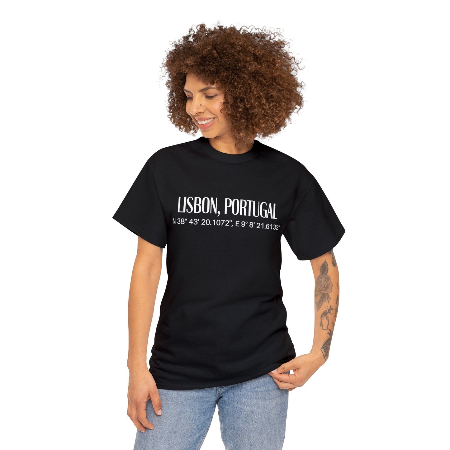 Lisbon, Portugal Coordinates T-Shirt, Modern Travel Tee