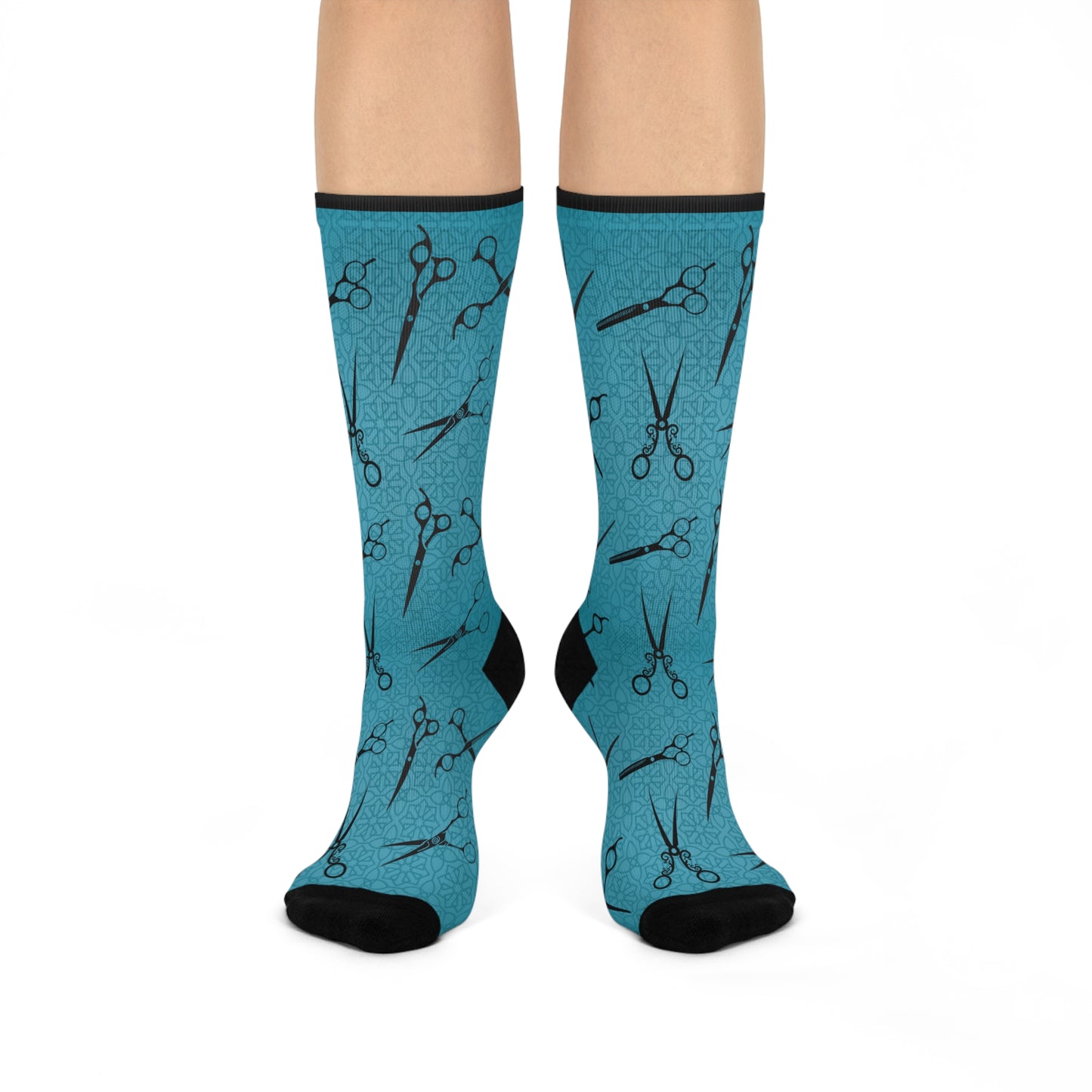 Hair Dresser Socks | Unisex One Size Mid-Calf Crew | Stretchy Comfortable | Vintage Scissors