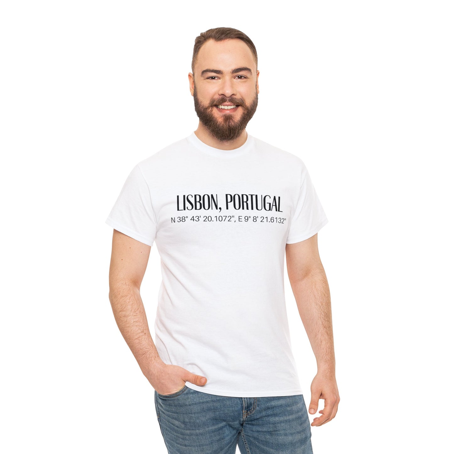 Lisbon, Portugal Coordinates T-Shirt, Modern Travel Tee