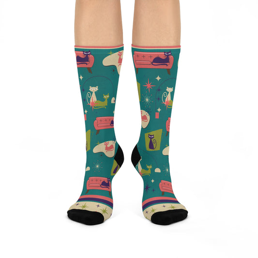 MCM Retro Feline Cat Socks Unisex Adult Stretchy Mid Calf Original