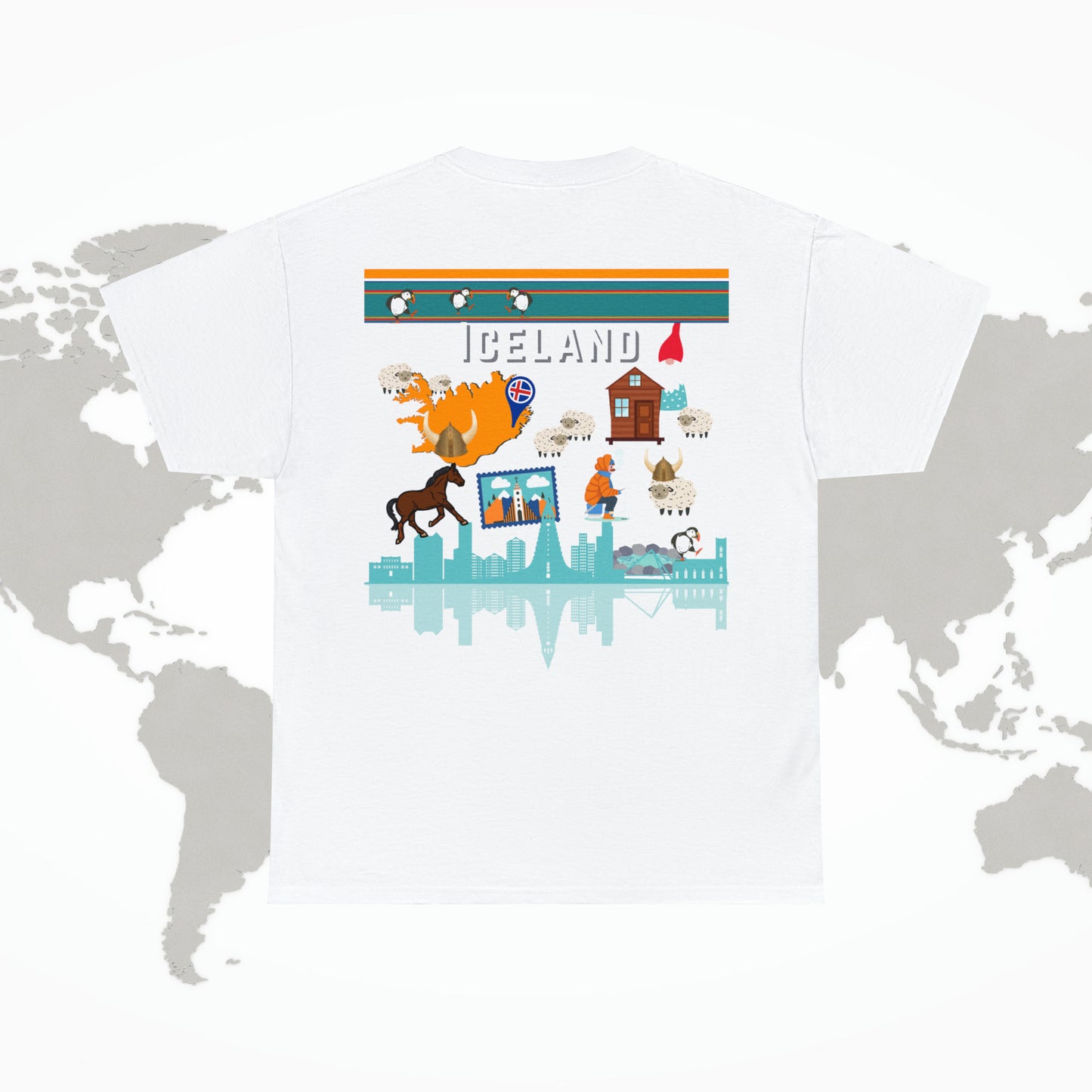 Iceland T-Shirt, 2-Sided Travel Tee Puffins Viking
