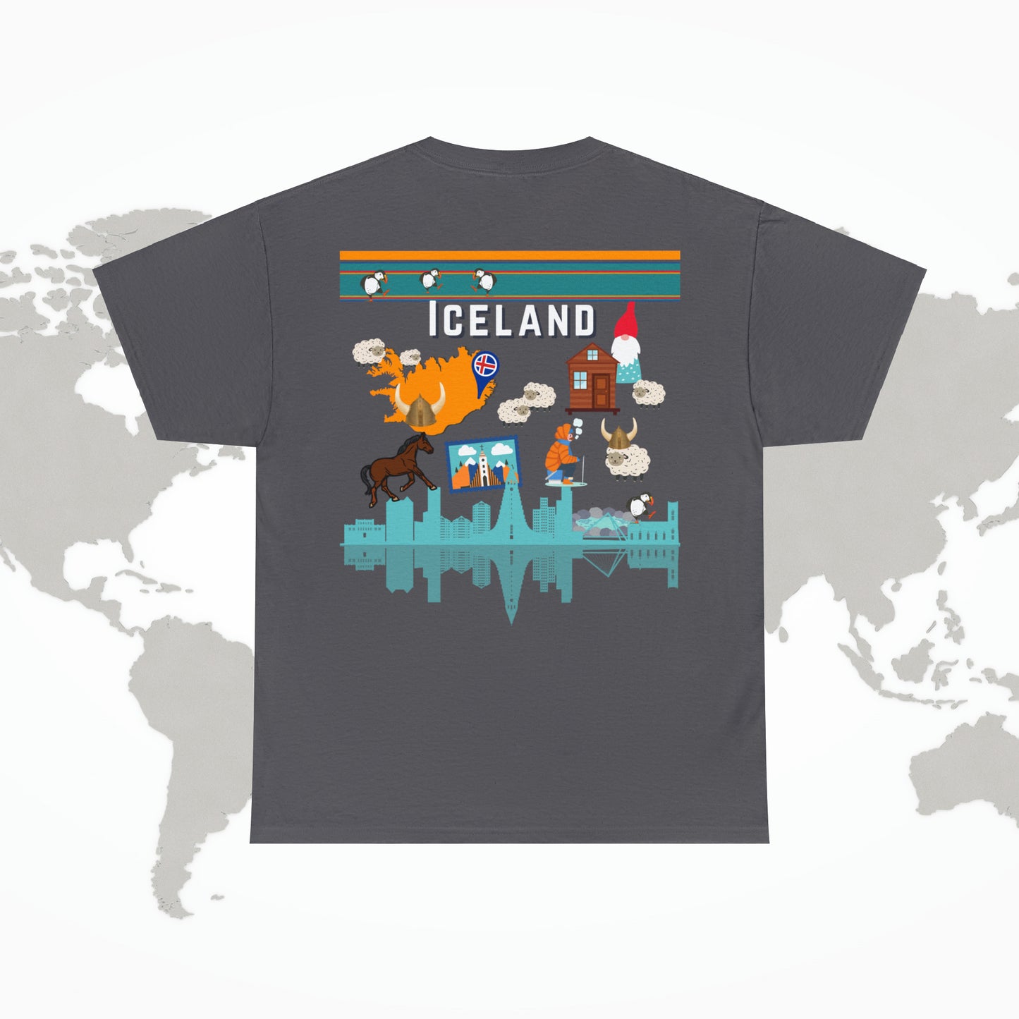 Iceland T-Shirt, 2-Sided Travel Tee Puffins Viking