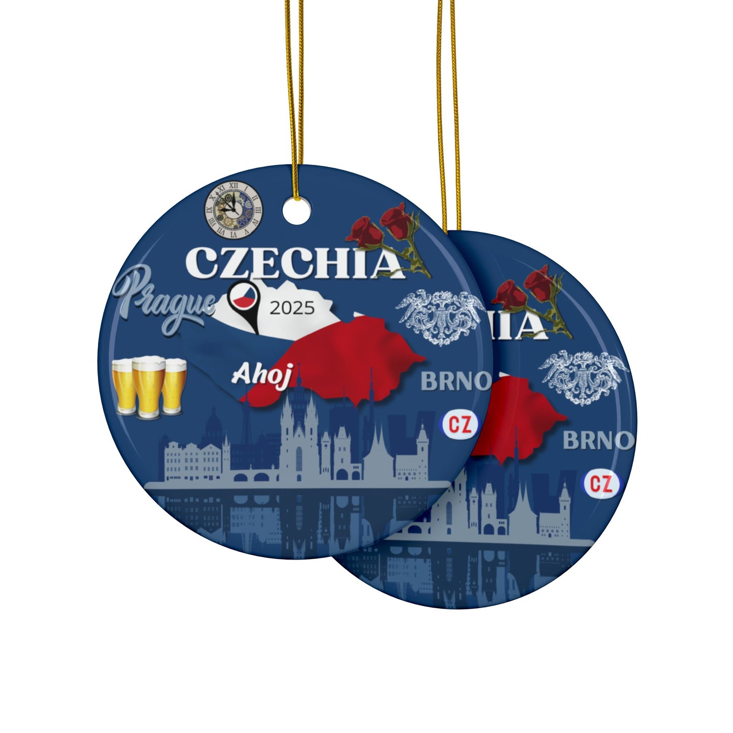 Two circular blue ornaments with Czechia-themed designs on a white background