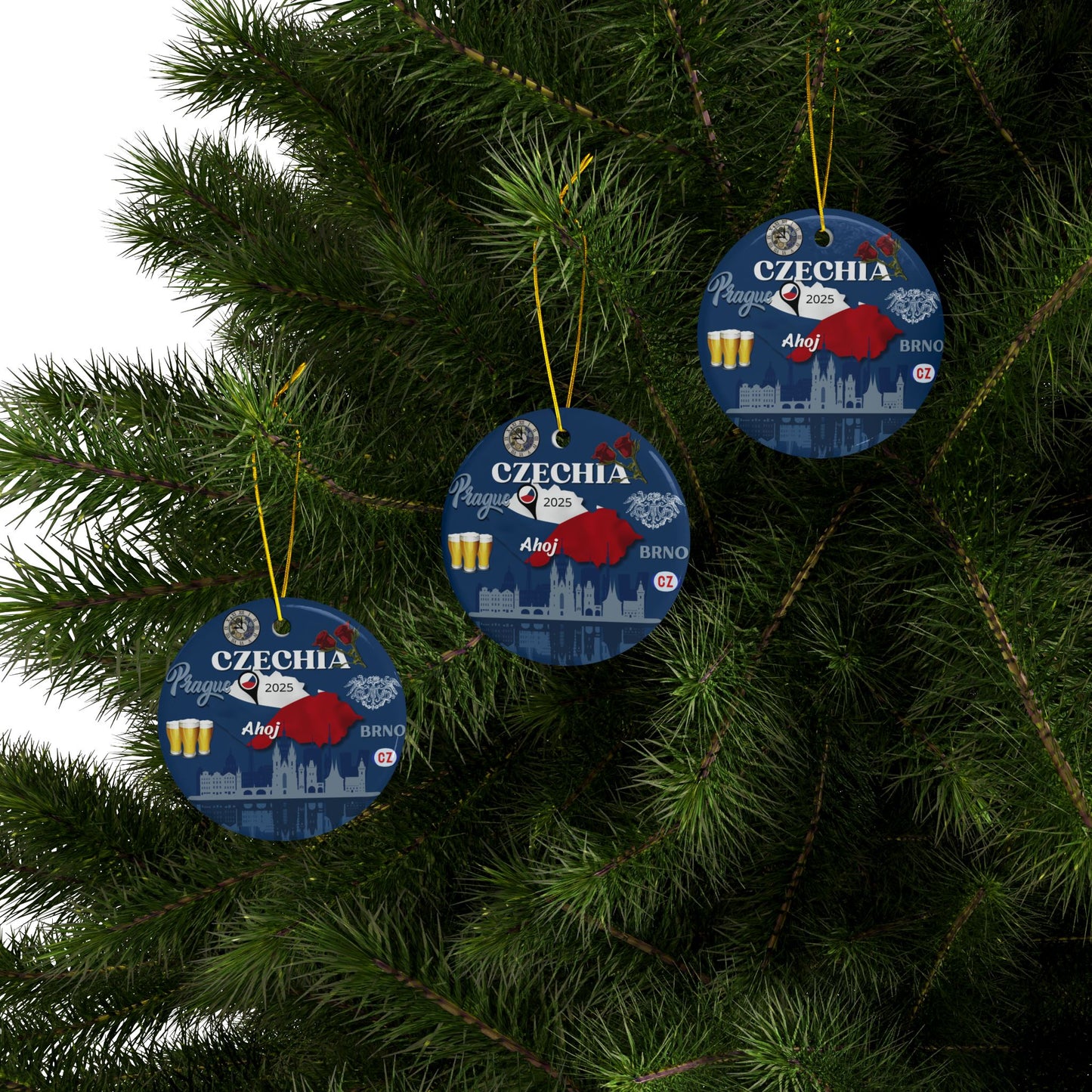 Czech-themed Christmas ornaments hanging on a tree