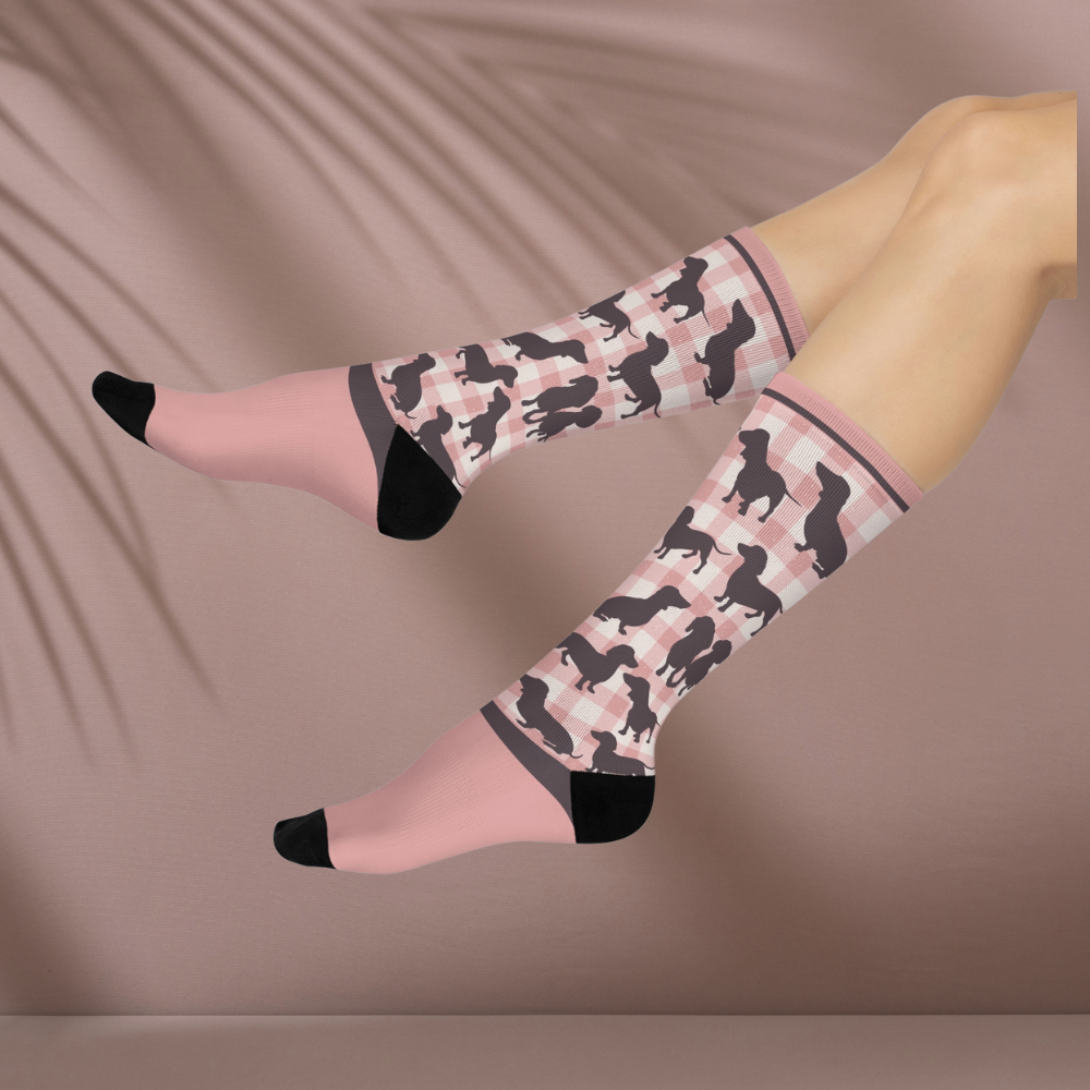 Dachshund Socks Gingham Unisex Adult Stretchy Mid Calf Original