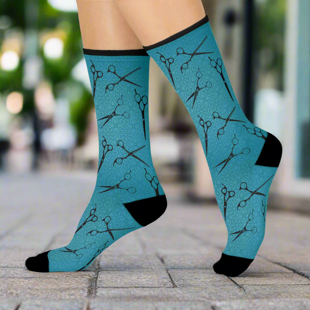 Hair Dresser Socks | Unisex One Size Mid-Calf Crew | Stretchy Comfortable | Vintage Scissors