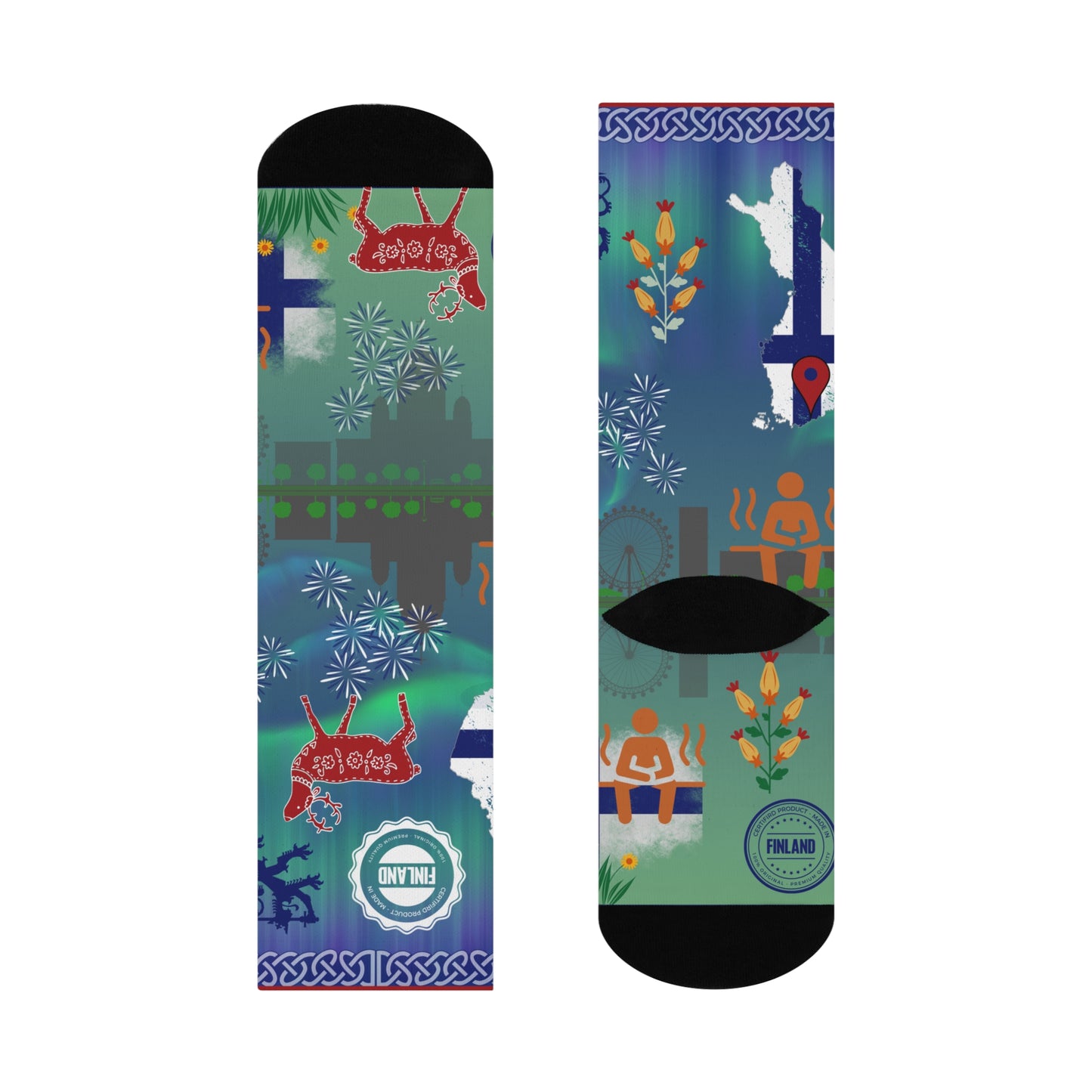 Finland socks northern lights folk art flat view right