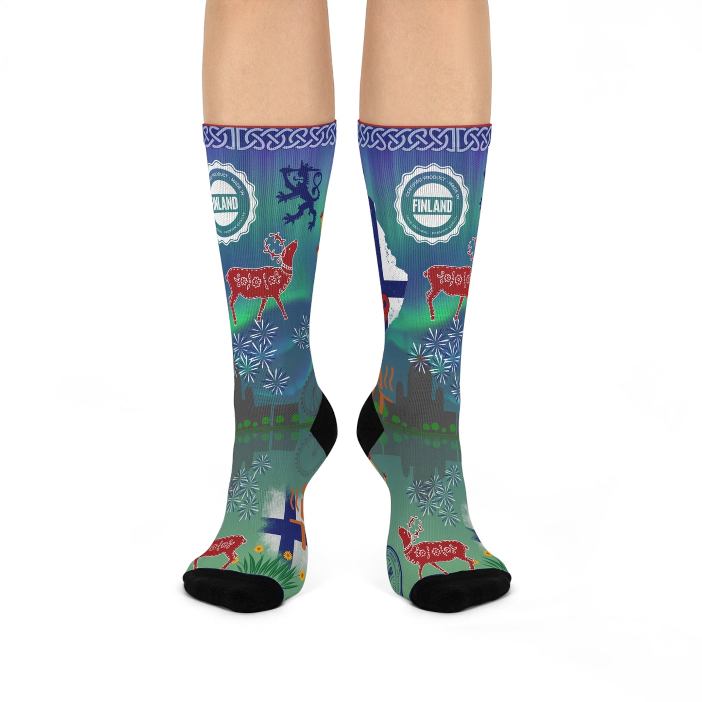 Finland socks northern lights folk art flat view right front view