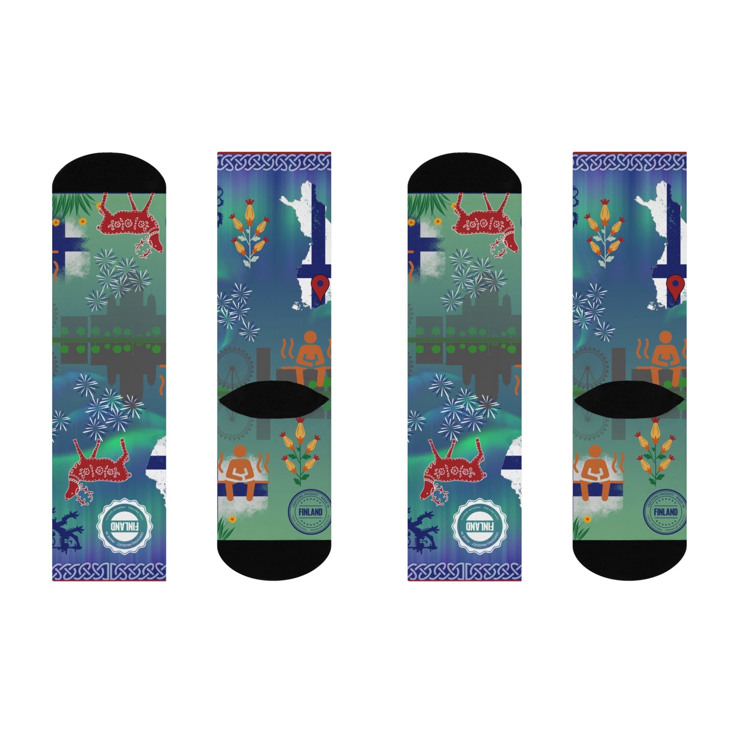 Finland socks northern lights folk art flat view right left