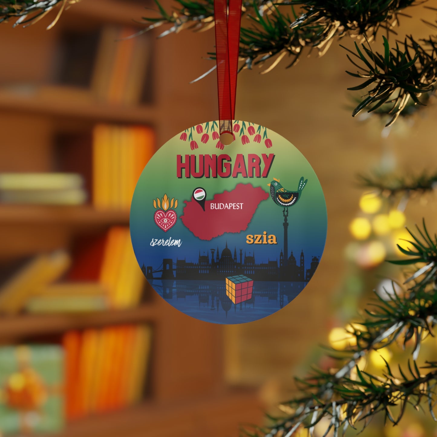 Decorative ornament with Hungary map and landmarks on a Christmas tree.