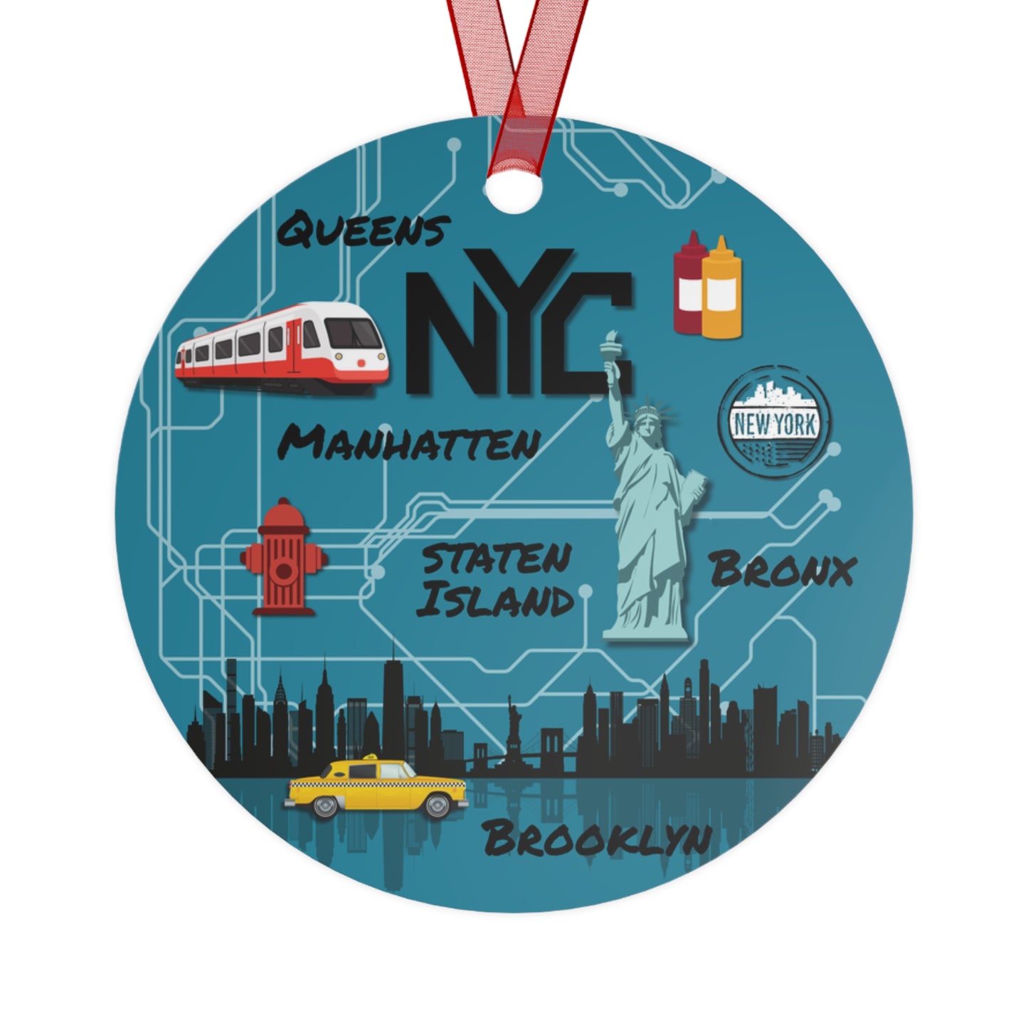 Circular design of New York City with landmarks and text on a blue background