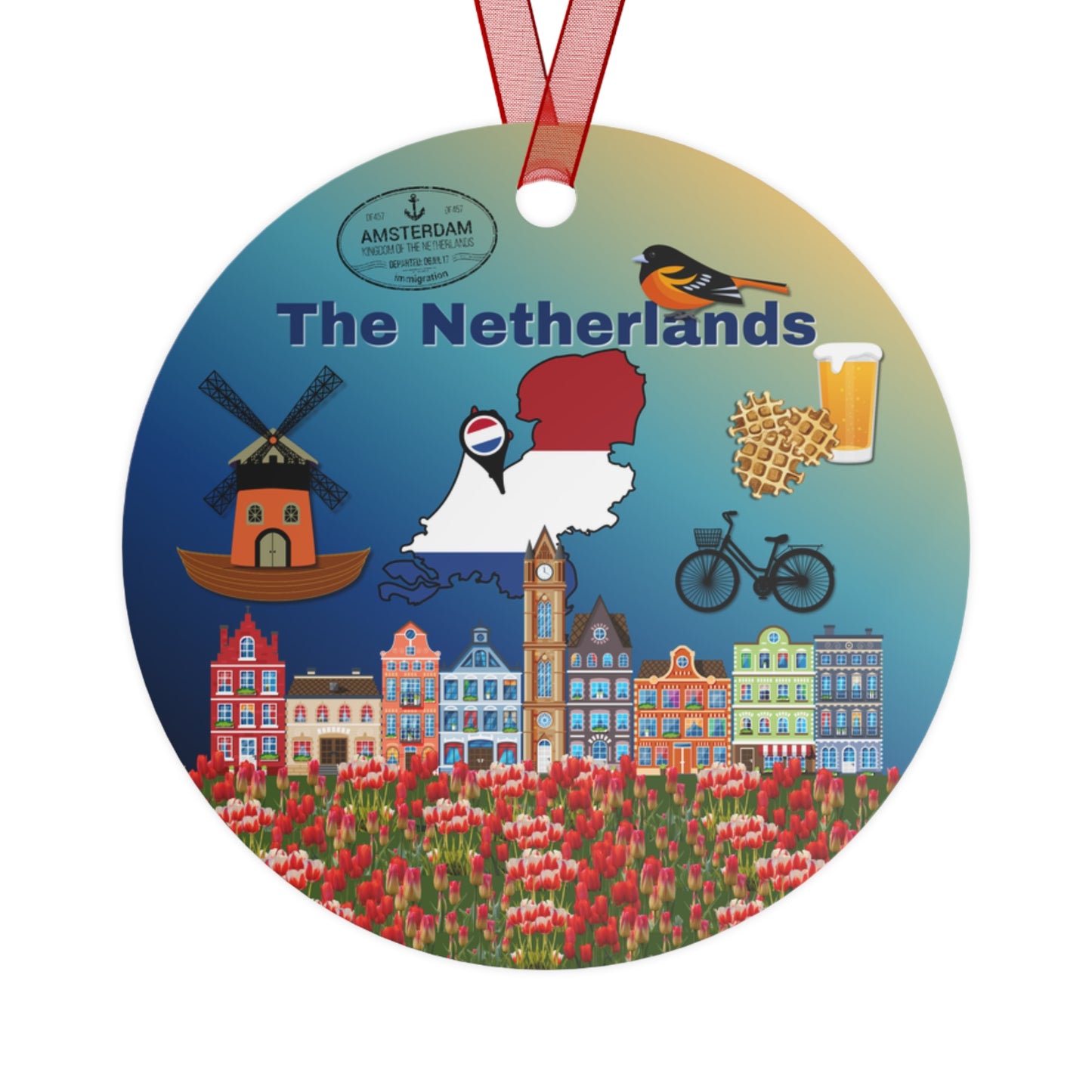Circular ornament with Dutch-themed illustrations including a windmill, tulips, and buildings on a white background.