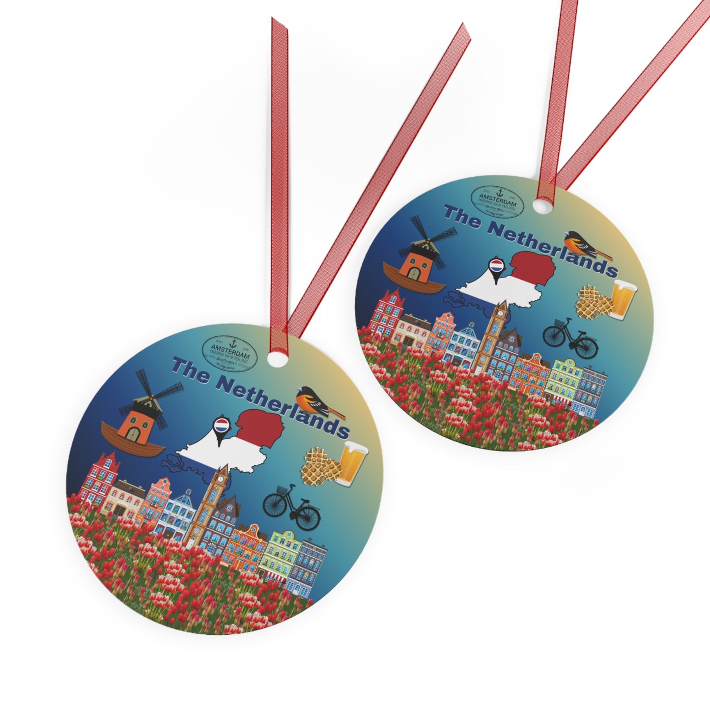 Two circular ornaments with illustrations of the Netherlands on a white background