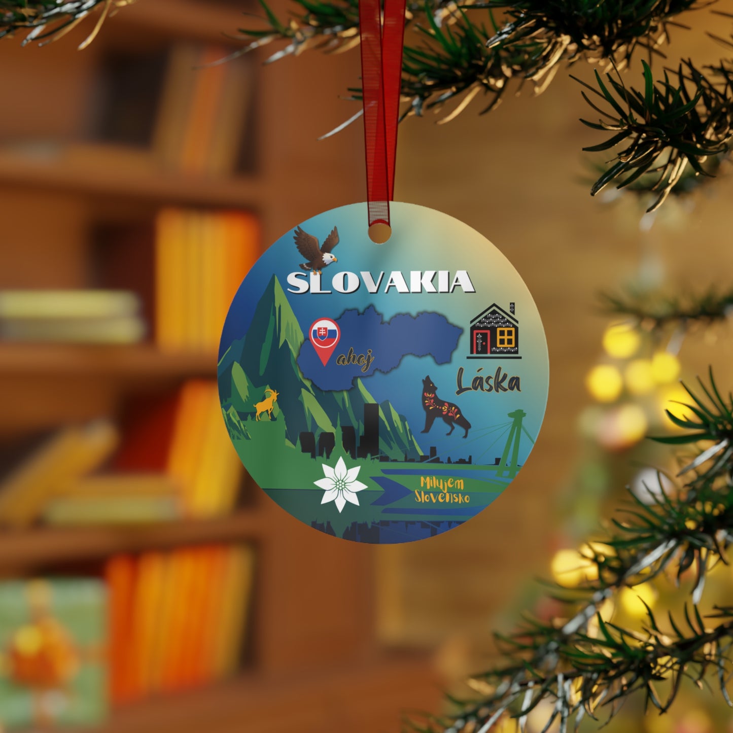 Decorative ornament with Slovakia design hanging on a tree