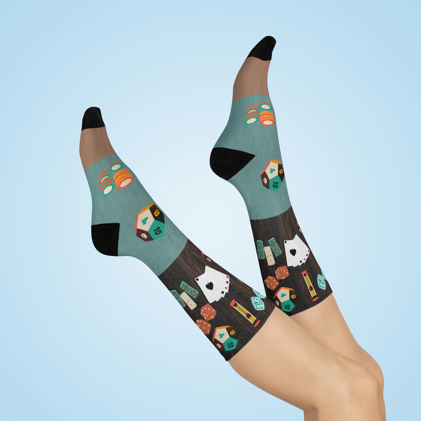 Socks with dice, cards, chips, tokens, game pieces
