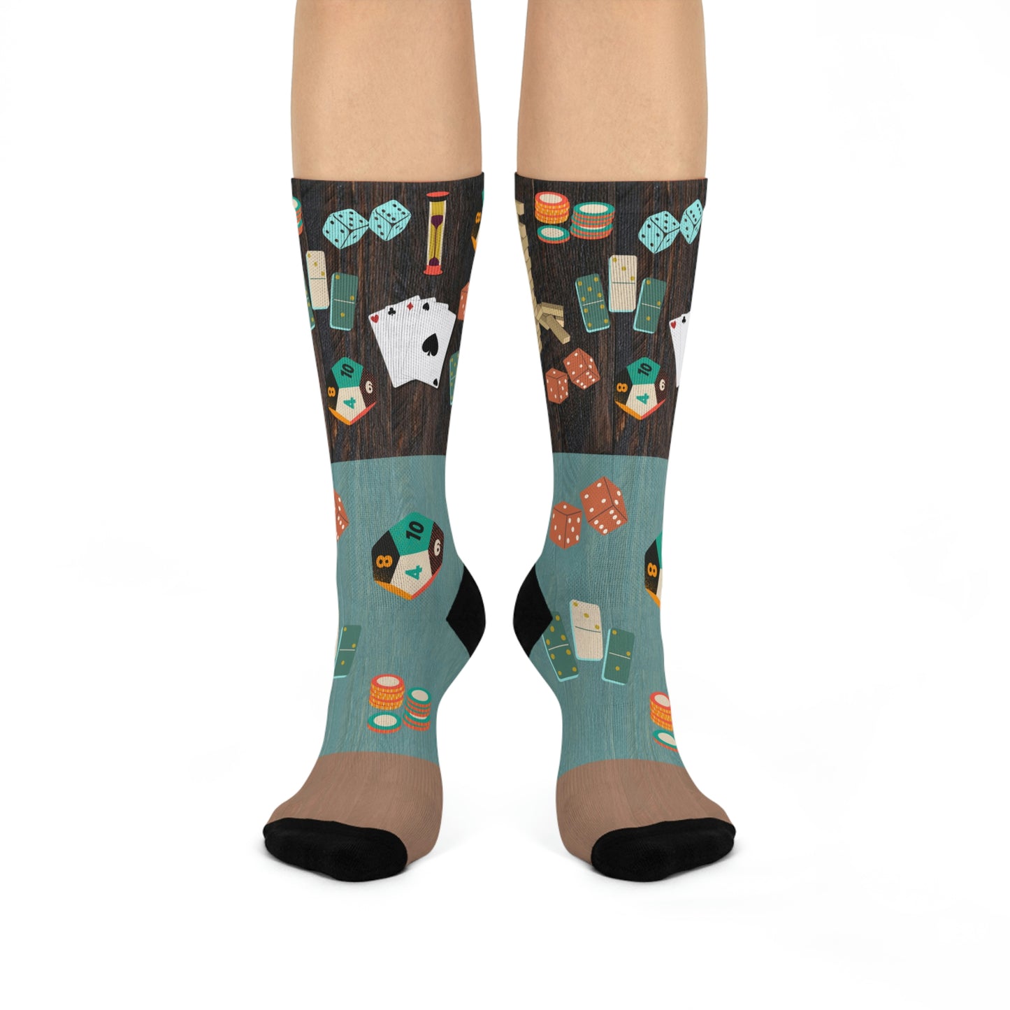 Socks with dice, cards, chips, tokens, game pieces