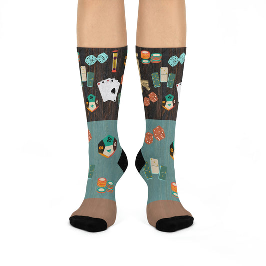 Socks with dice, cards, chips, tokens, game pieces