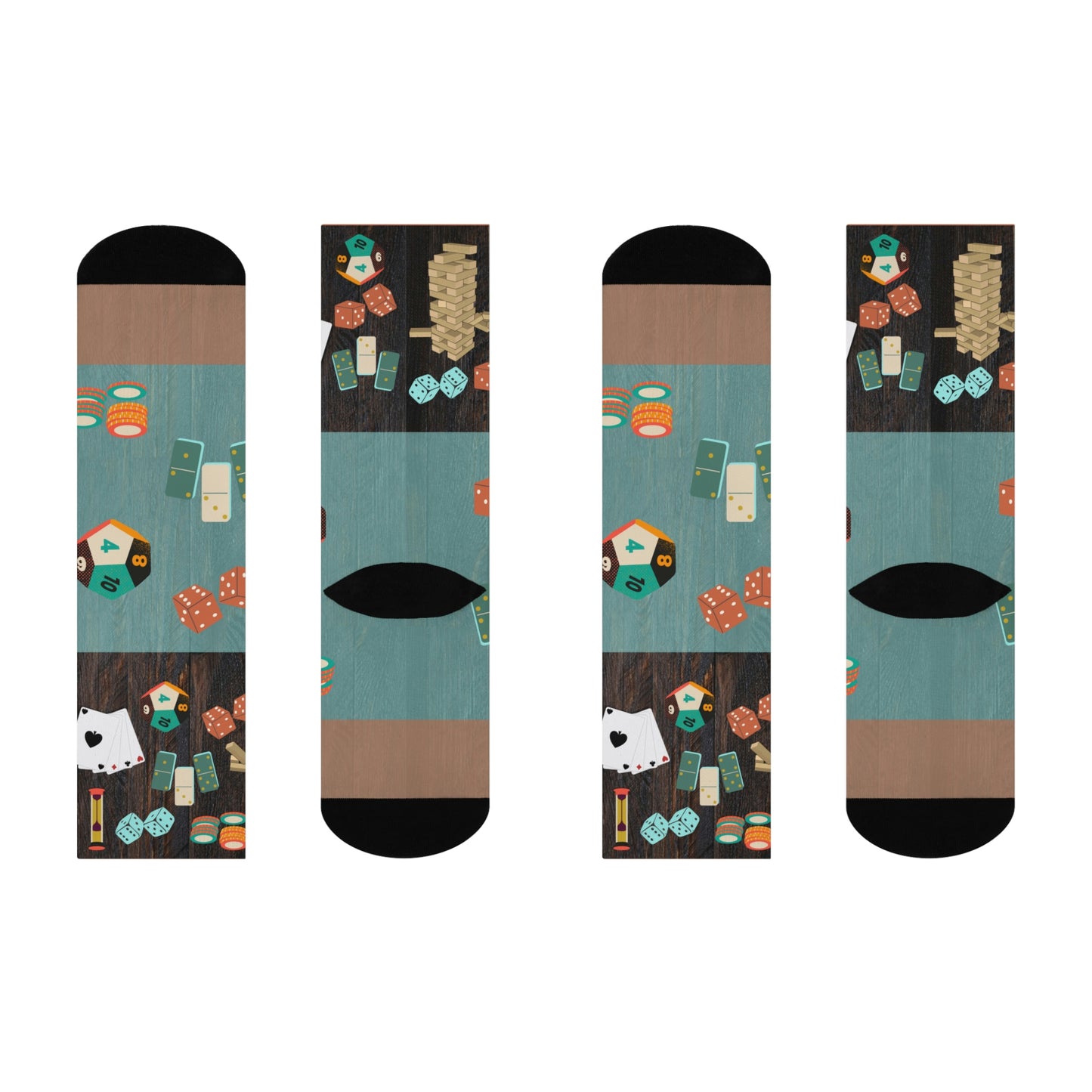 Socks with dice, cards, chips, tokens, game pieces