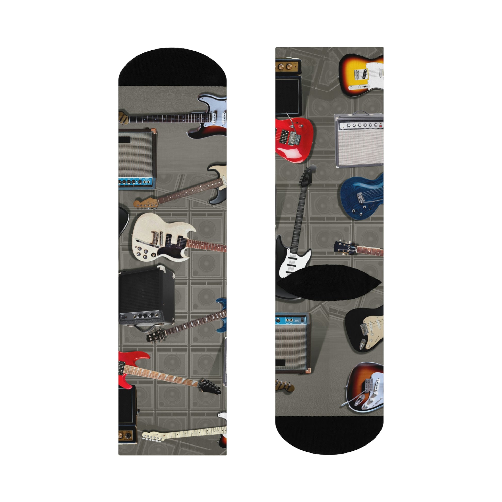 colorful arrangement of electric guitars with amps