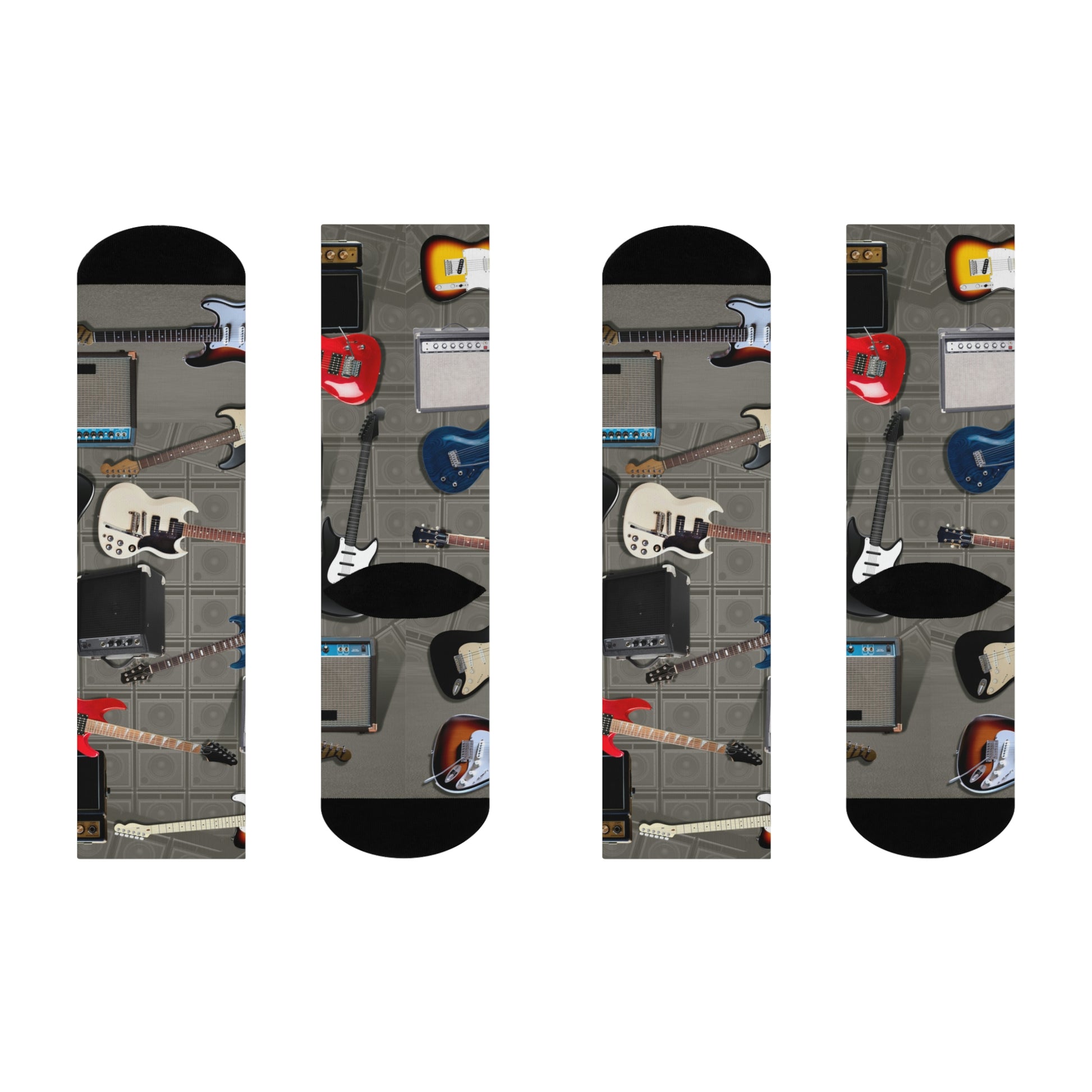 colorful arrangement of electric guitars with amps