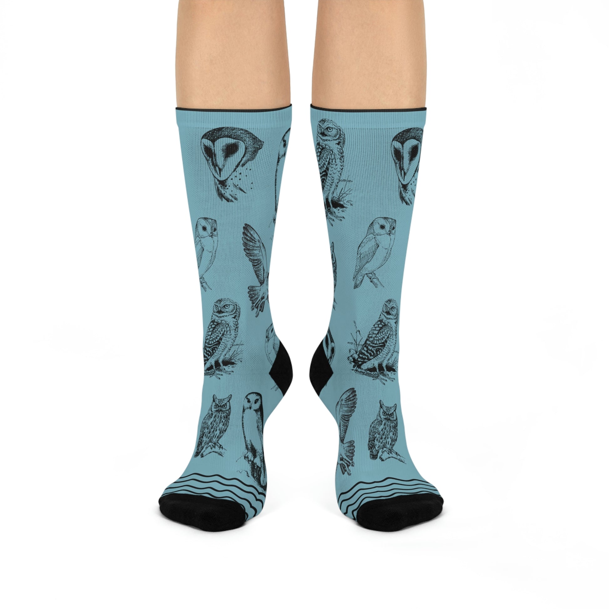 A pair of blue socks with owl patterns, designed for mid-calf coverage.