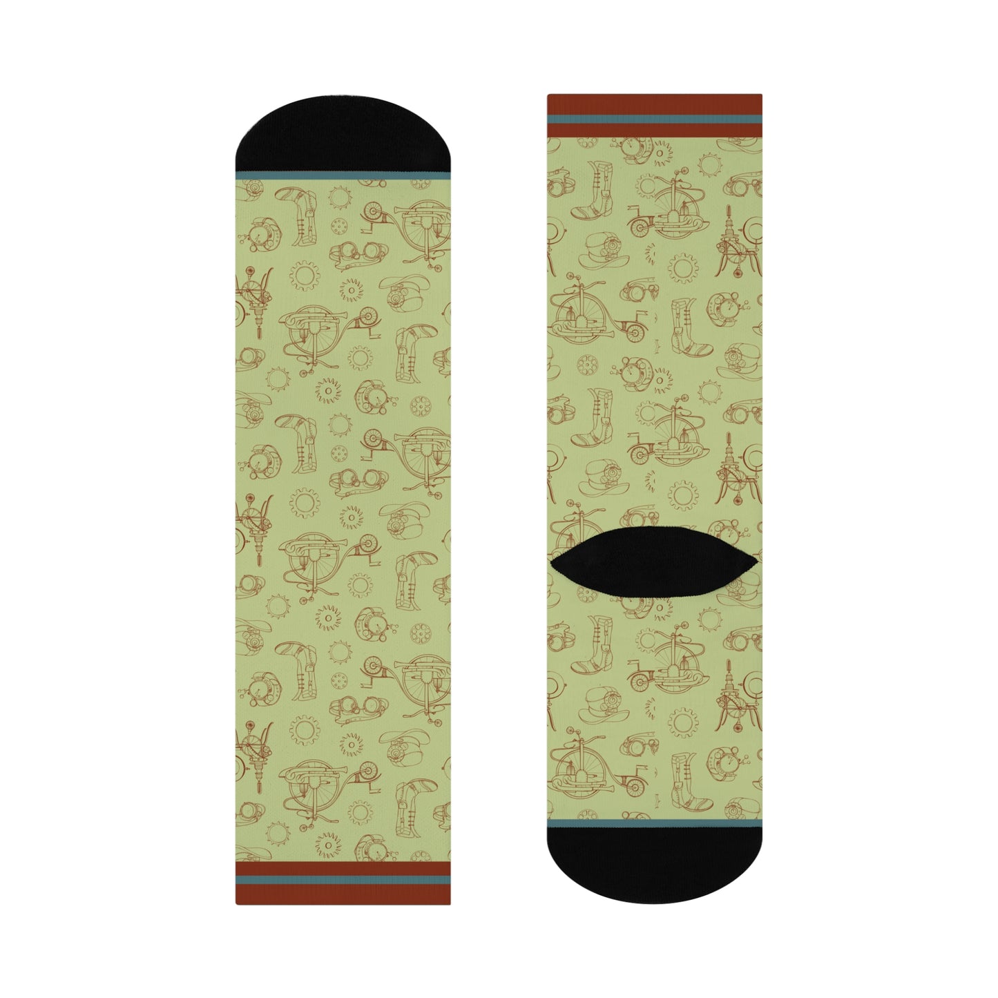 green socks with rust gears and cogs