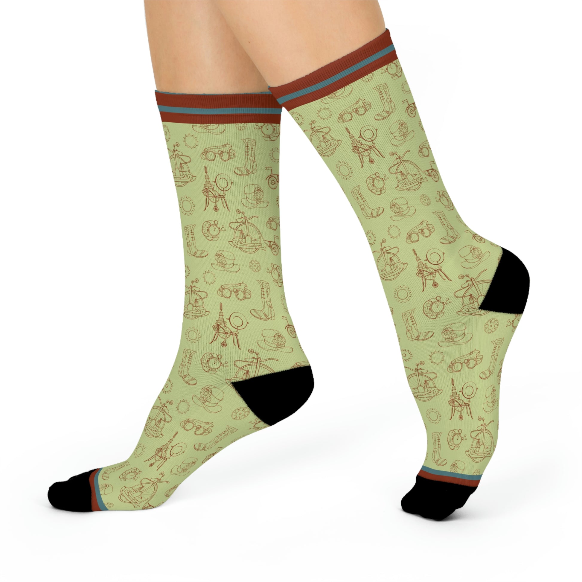 green socks with rust gears and cogs