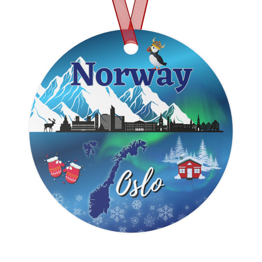 Norway Travel Ornament – Oslo Skyline, Northern Lights & Fjords