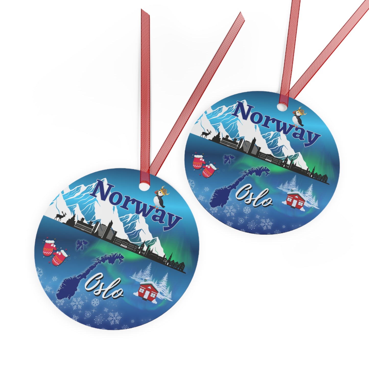 Norway Travel Ornament – Oslo Skyline, Northern Lights & Fjords
