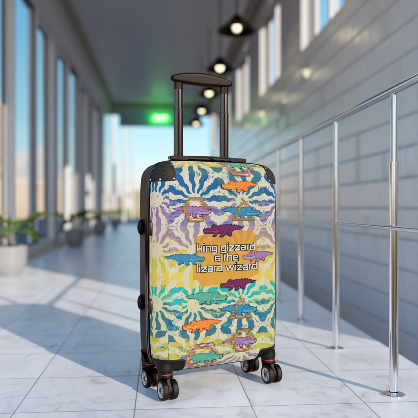 Alligator King Gizzard suitcase custom trippy design in airport