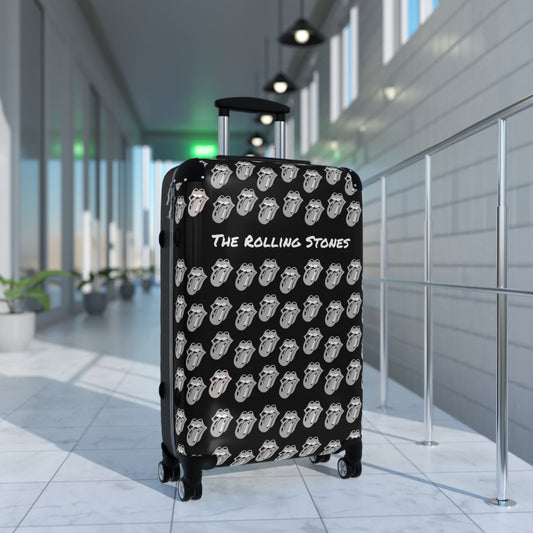 Rolling Stones suitcase back background modern logo tongues in white gray in airport