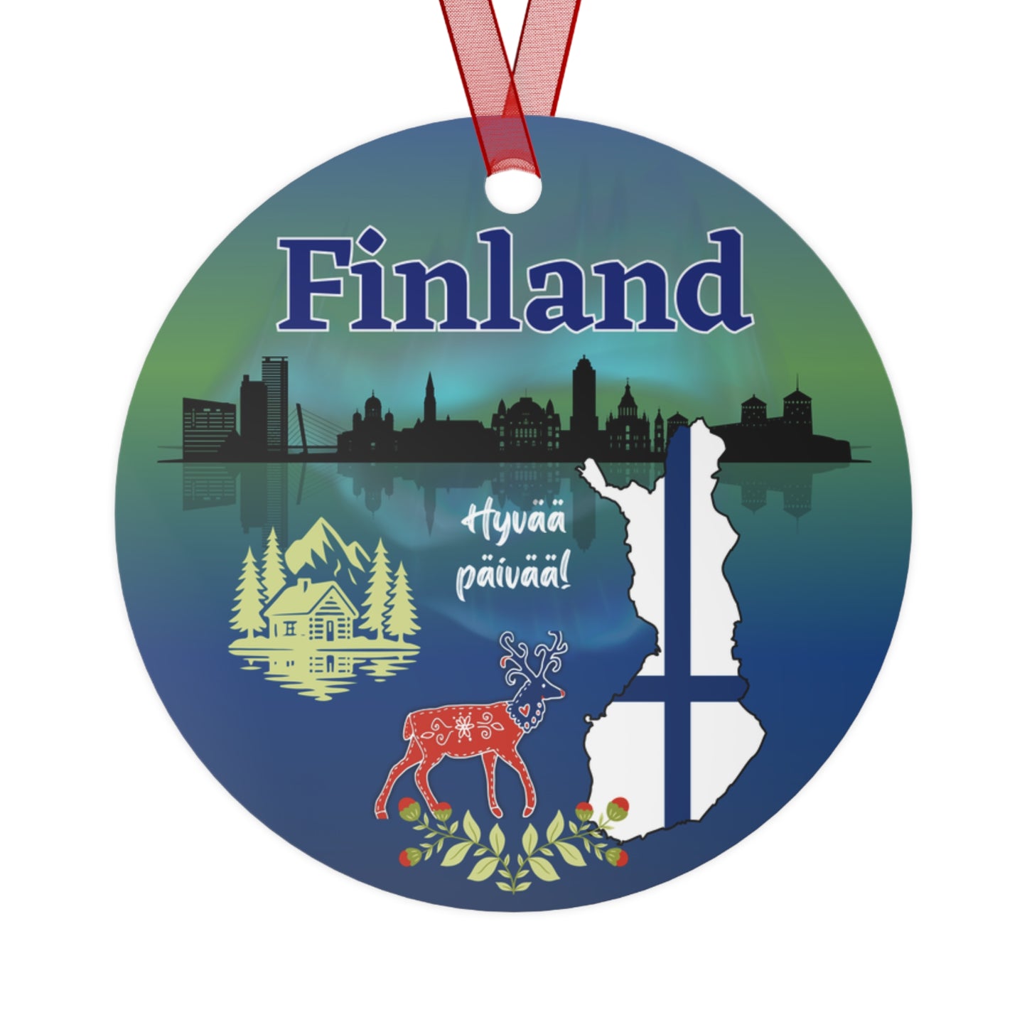 Finland Travel Ornament – Northern Lights, Folk Art Deer & Nordic Landscape