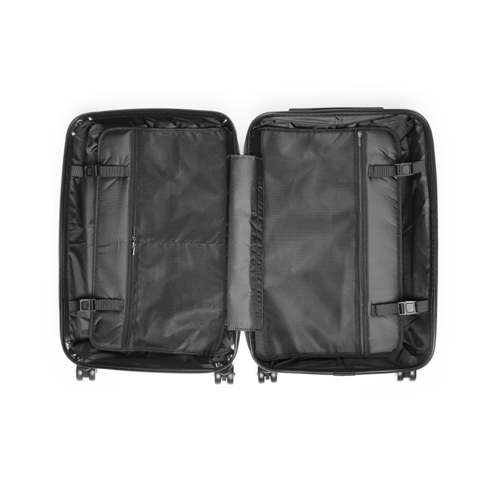 inside view of suitcase with pockets zipper straps