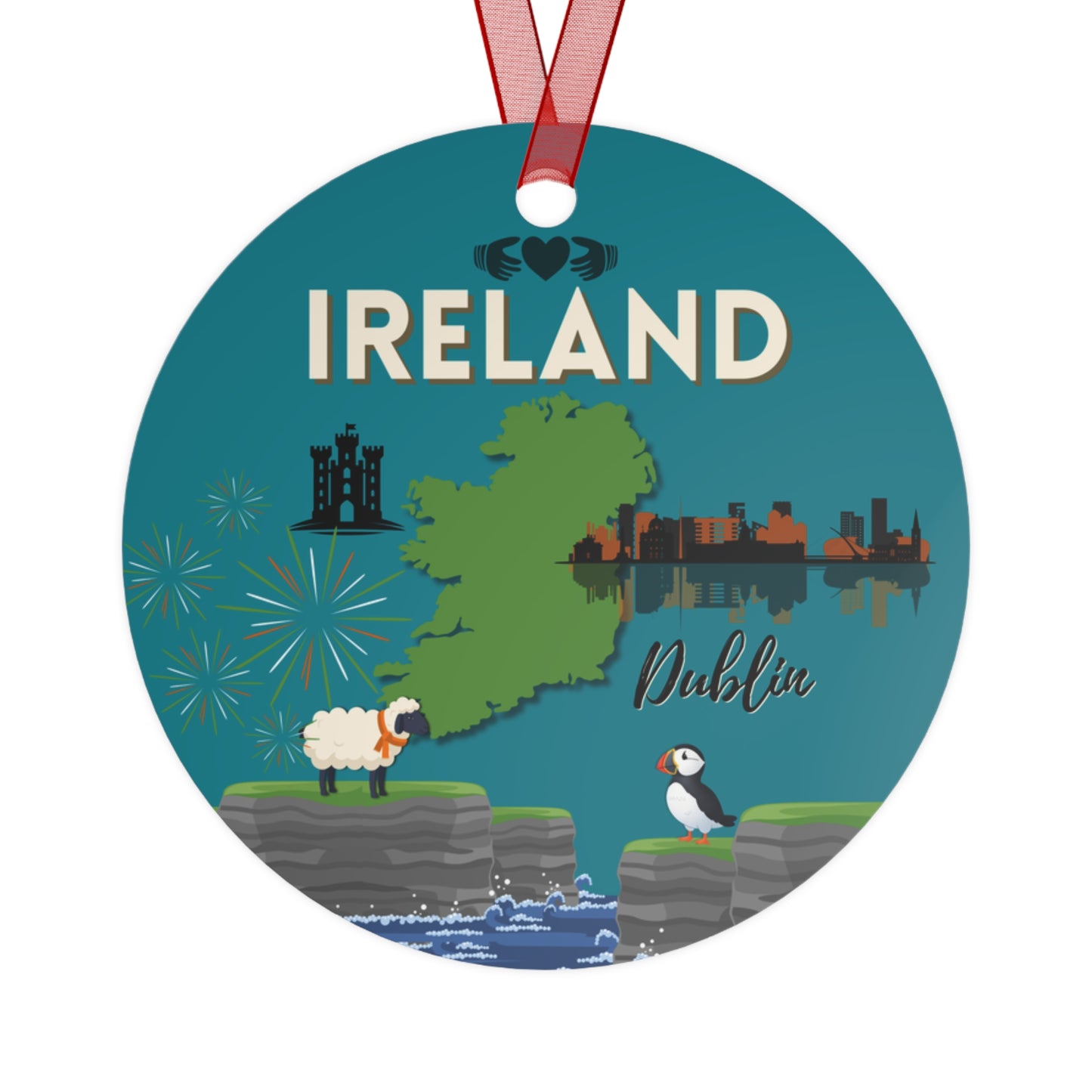 Ireland Travel Ornament – Cliffs of Moher, Puffin, & Dublin Skyline