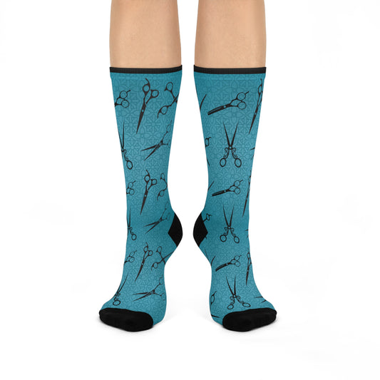 Hair Dresser Socks | Unisex One Size Mid-Calf Crew | Stretchy Comfortable | Vintage Scissors