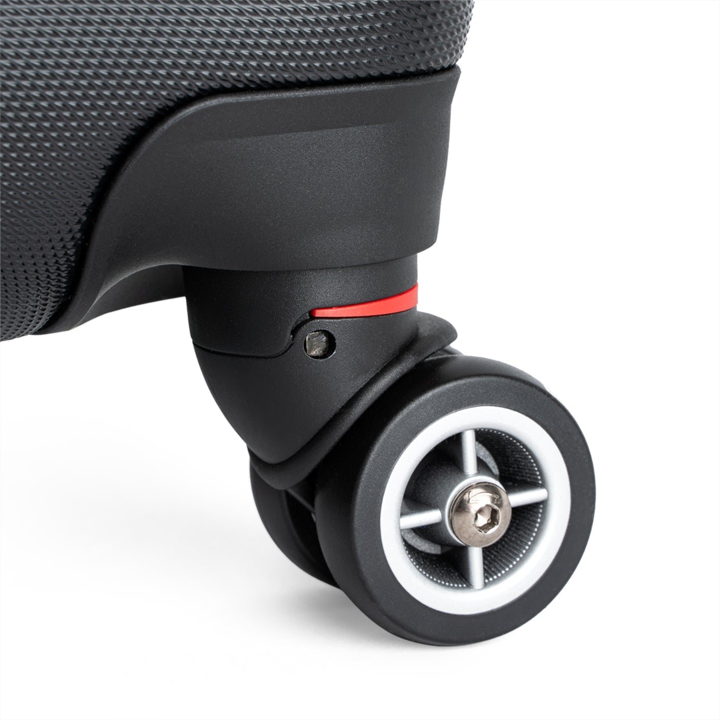 detailed view of black suitcase wheels