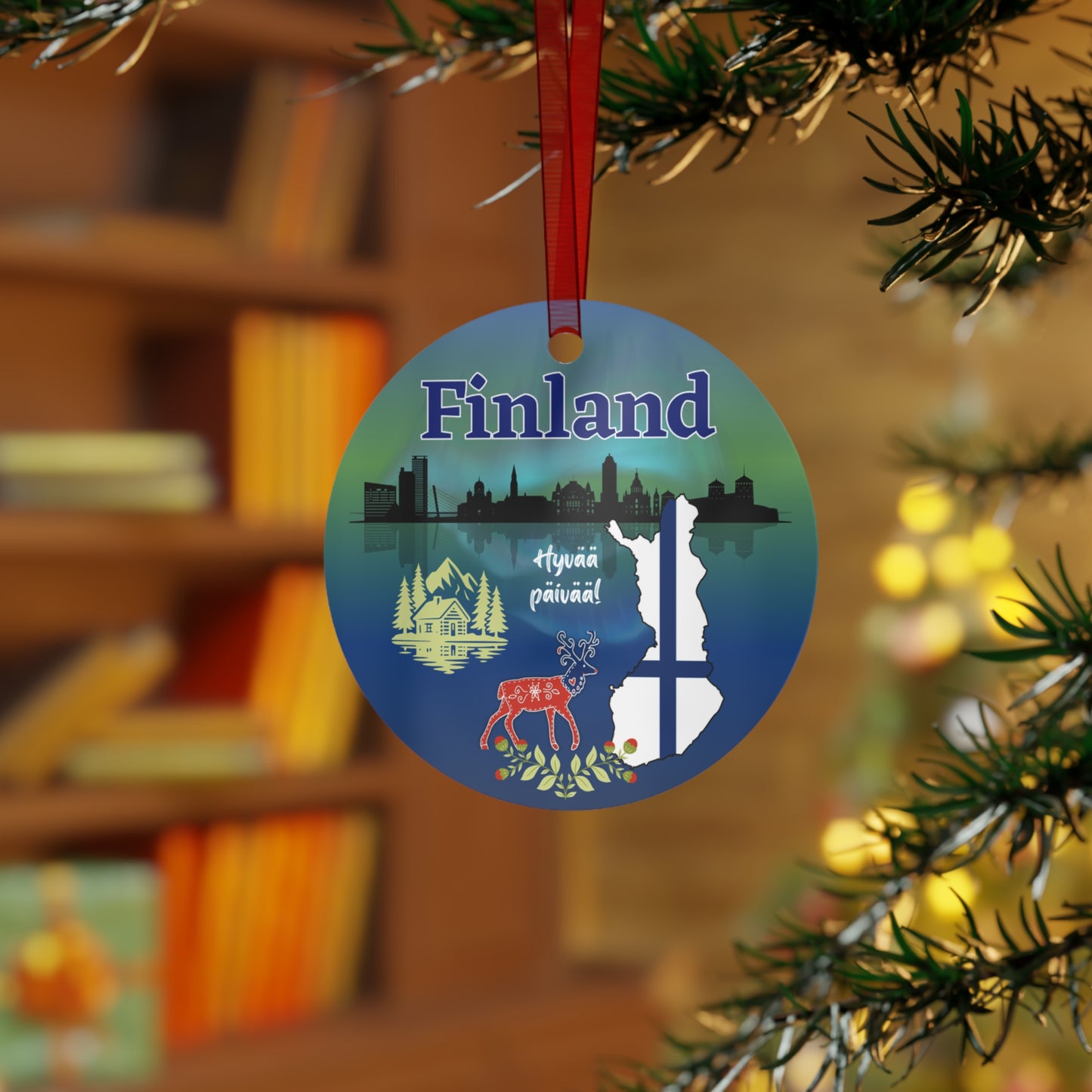 Finland Travel Ornament – Northern Lights, Folk Art Deer & Nordic Landscape