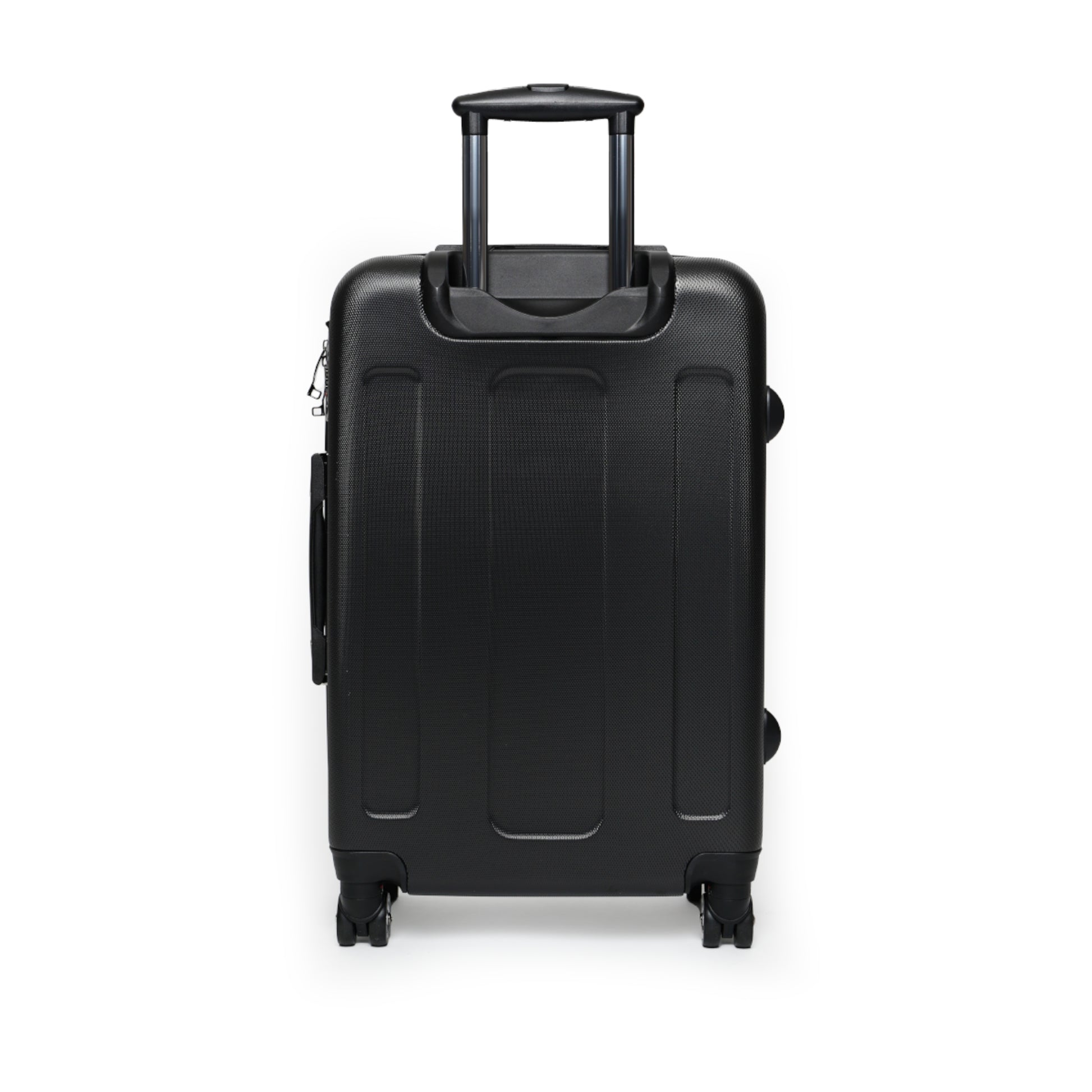 back view of suitcase black with telescoping handle