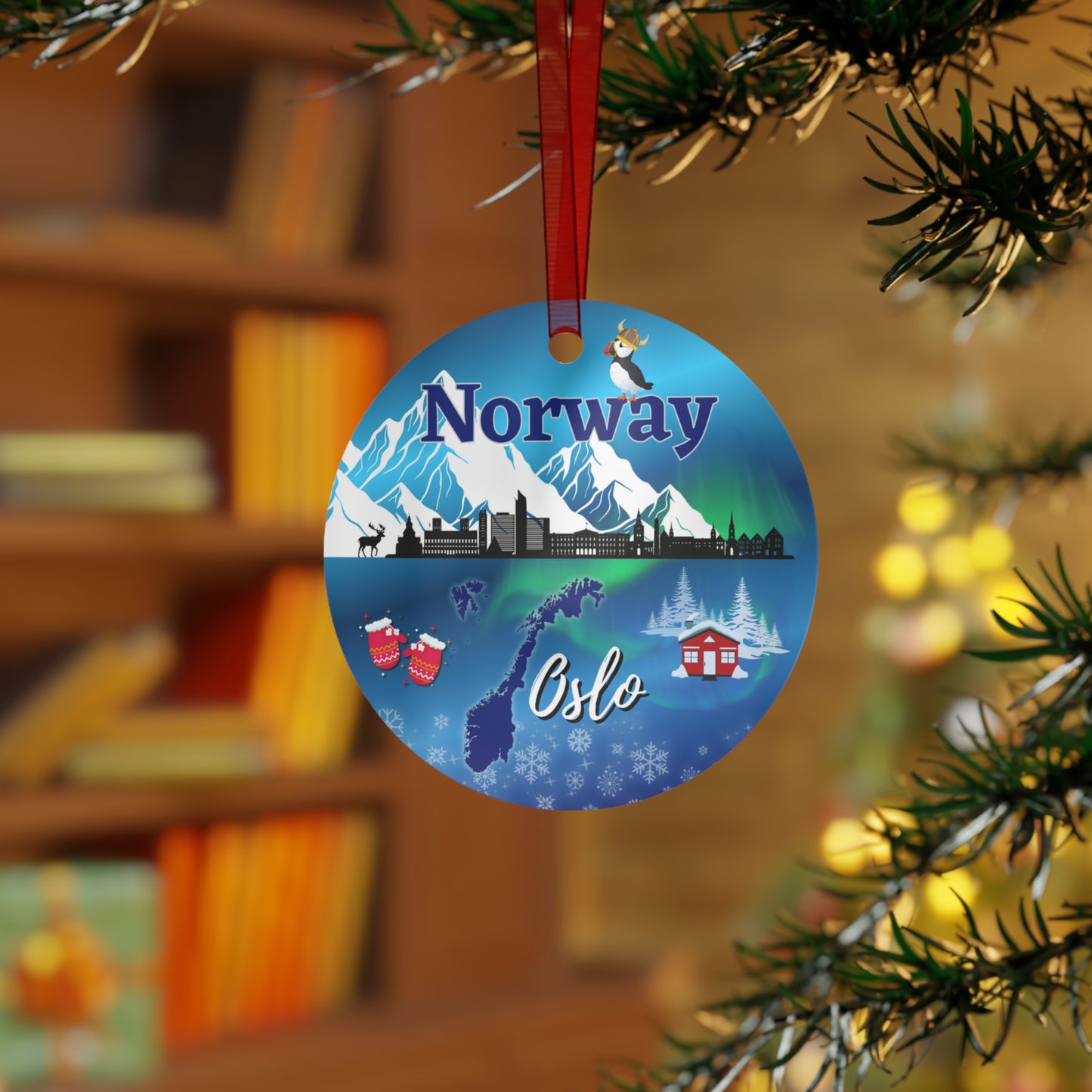 Norway Travel Ornament – Oslo Skyline, Northern Lights & Fjords