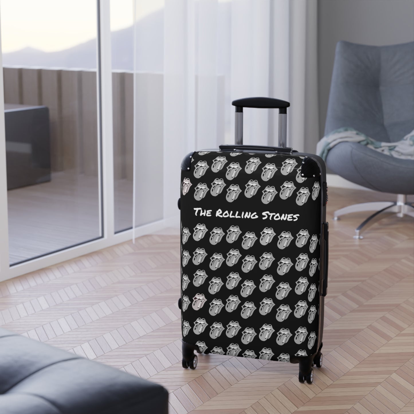 Rolling Stones suitcase back background modern logo tongues in white gray in apartment