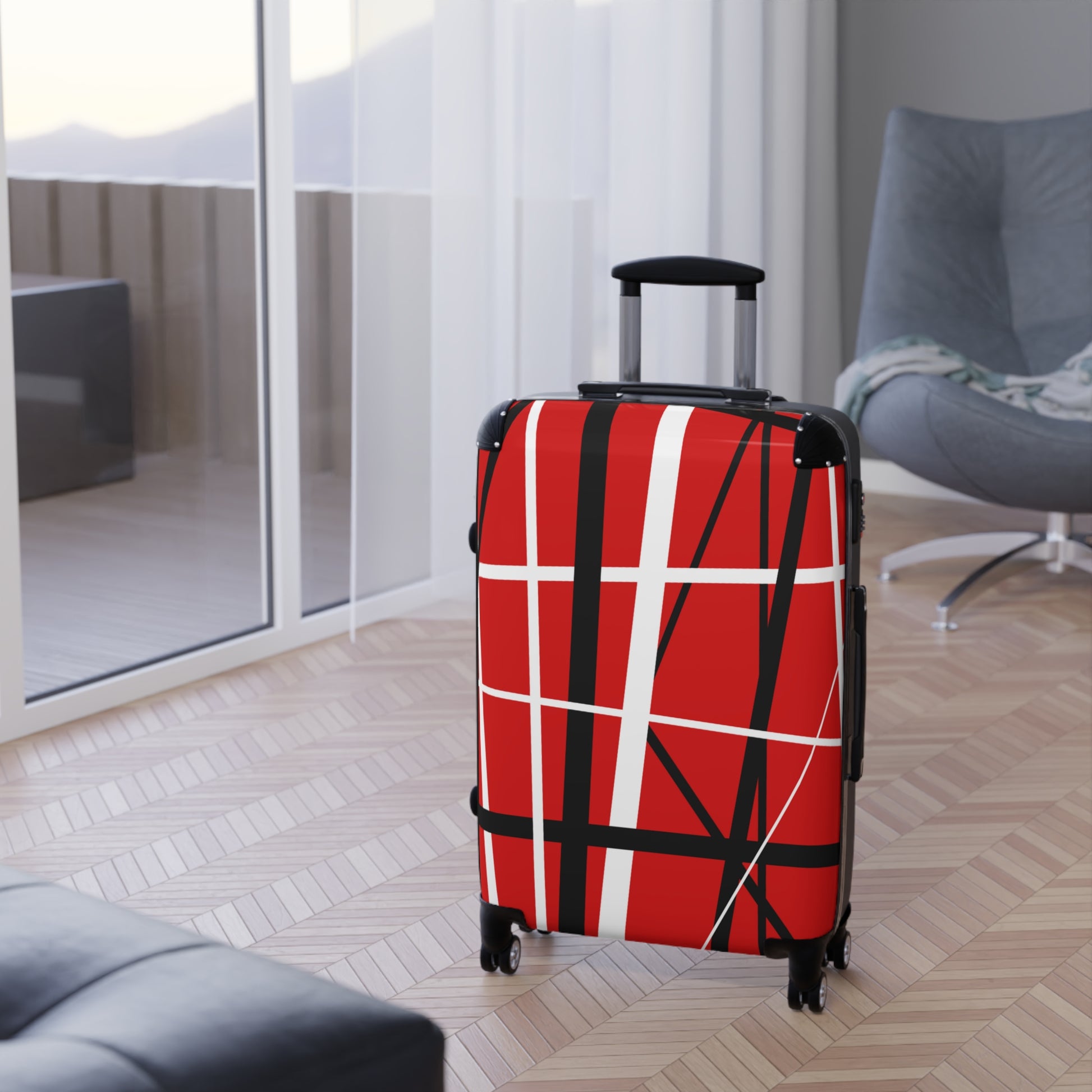 Red suitcase black white random stripes in apartment