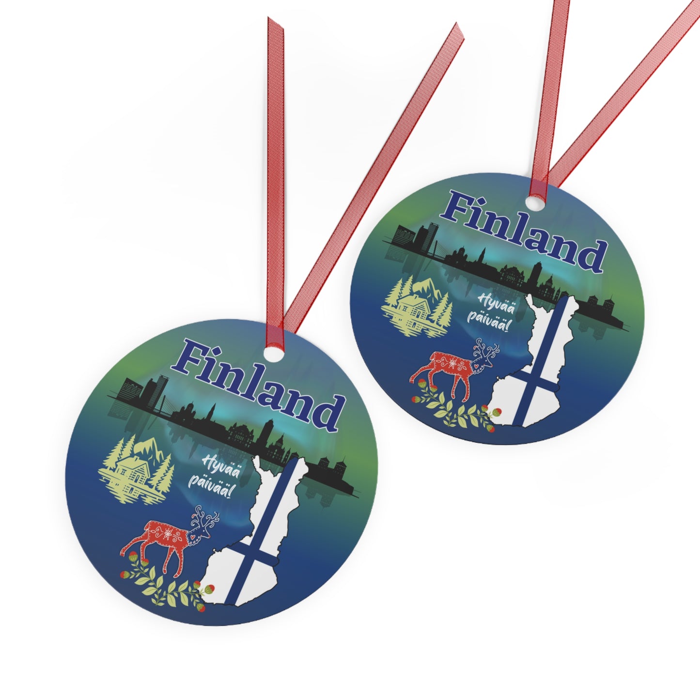 Finland Travel Ornament – Northern Lights, Folk Art Deer & Nordic Landscape