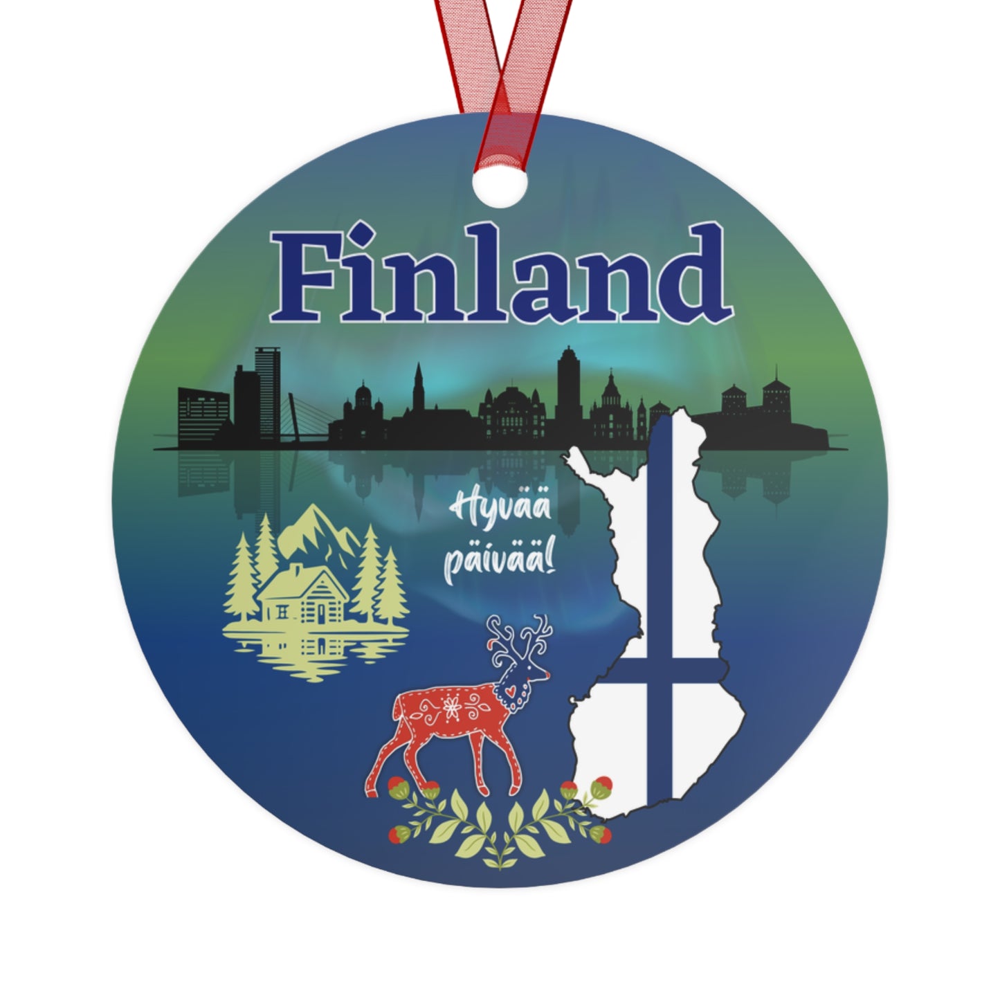 Finland Travel Ornament – Northern Lights, Folk Art Deer & Nordic Landscape