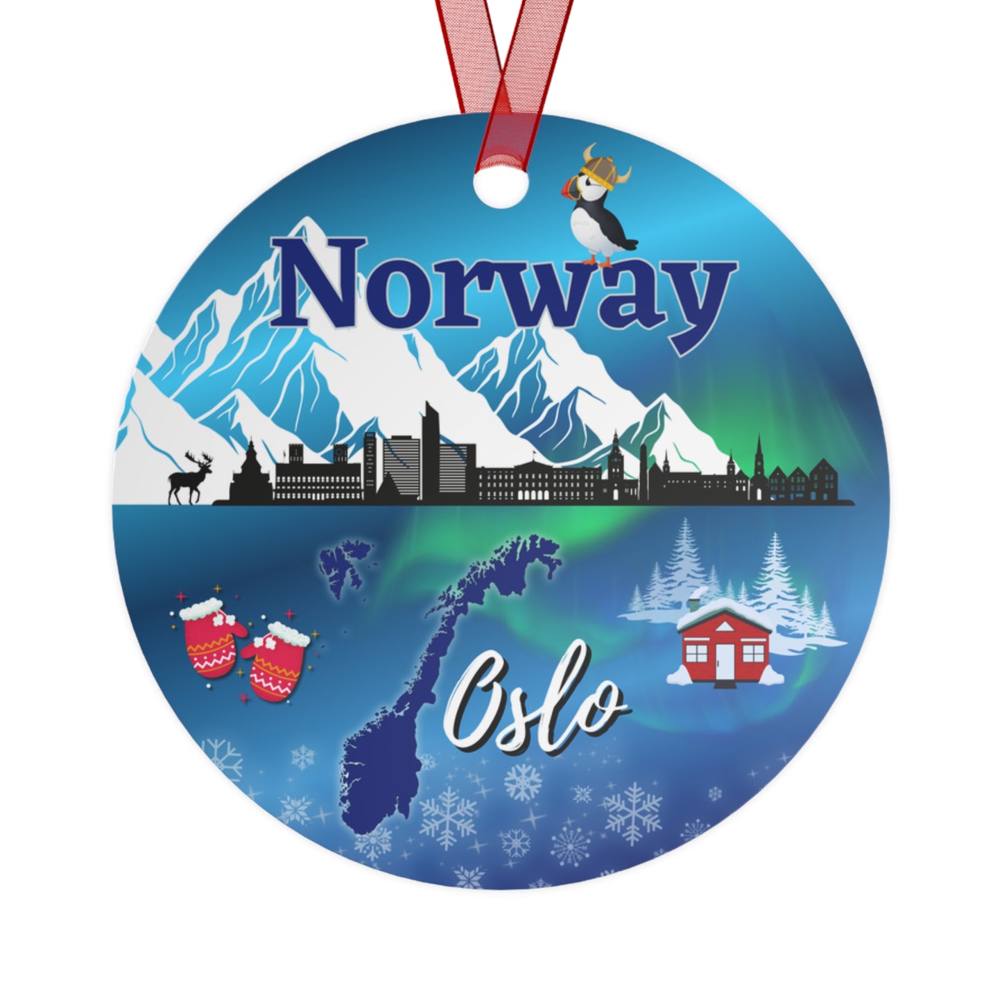 Norway Travel Ornament – Oslo Skyline, Northern Lights & Fjords