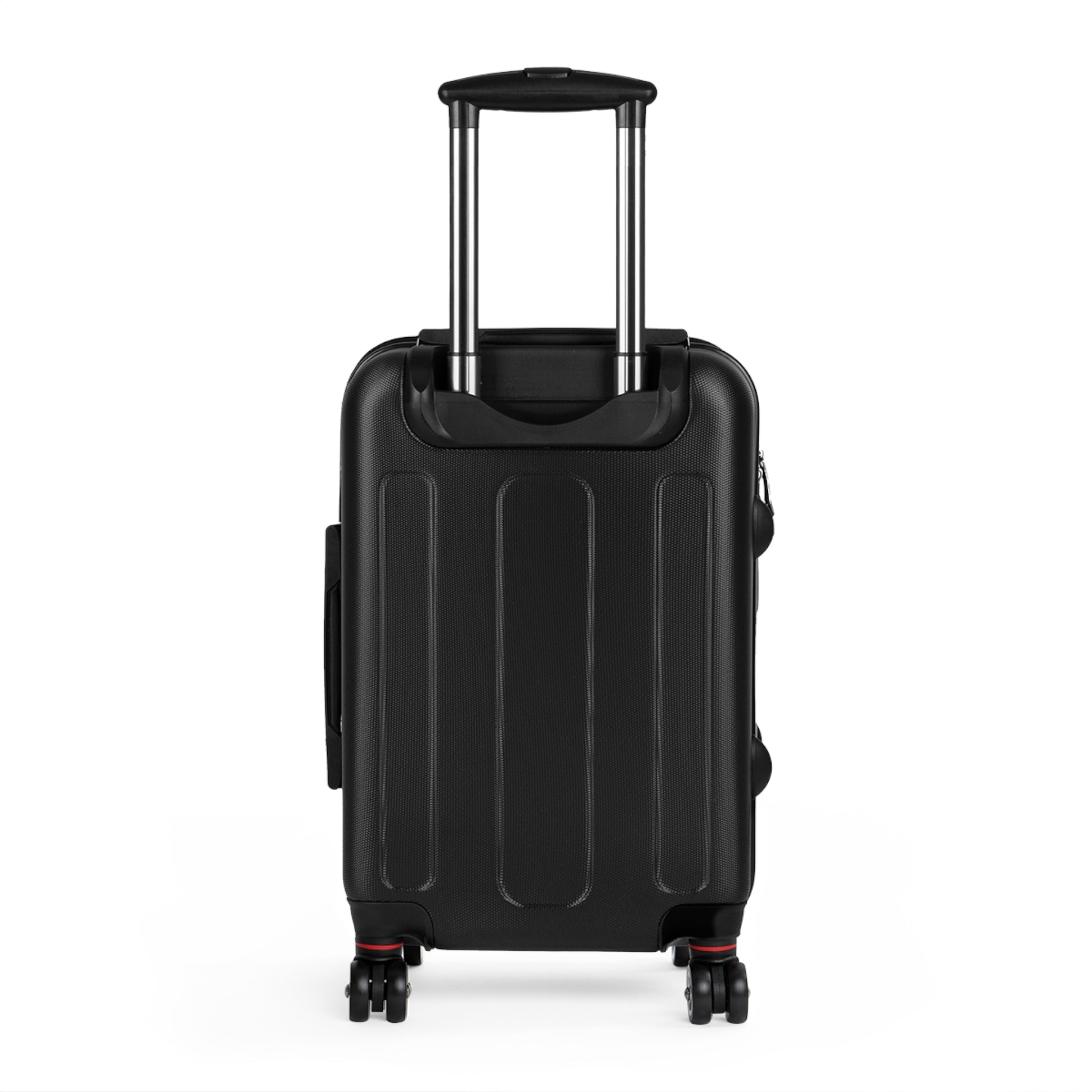 Backside of suitcase black with telescoping handle