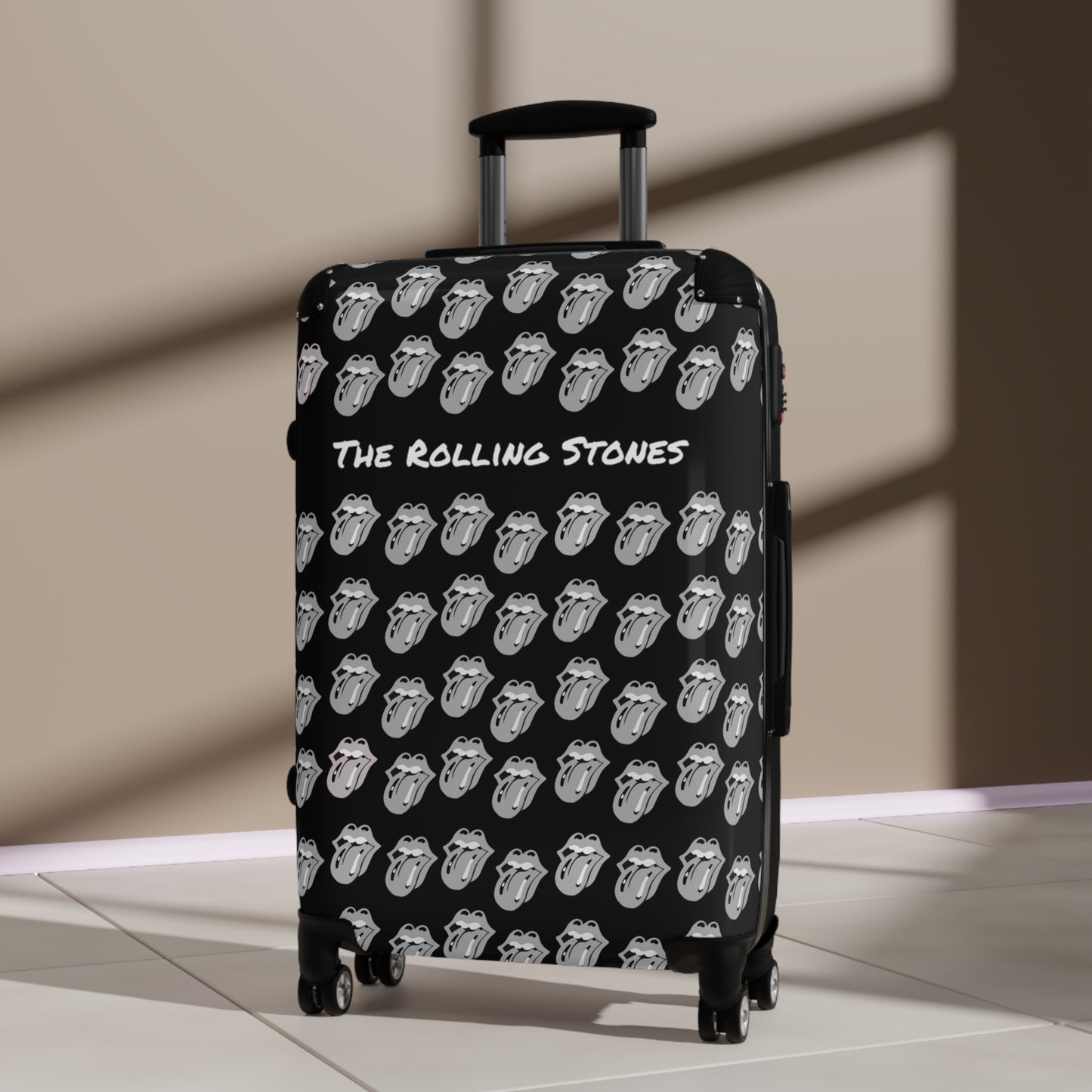 Rolling Stones suitcase back background modern logo tongues in white gray in lobby