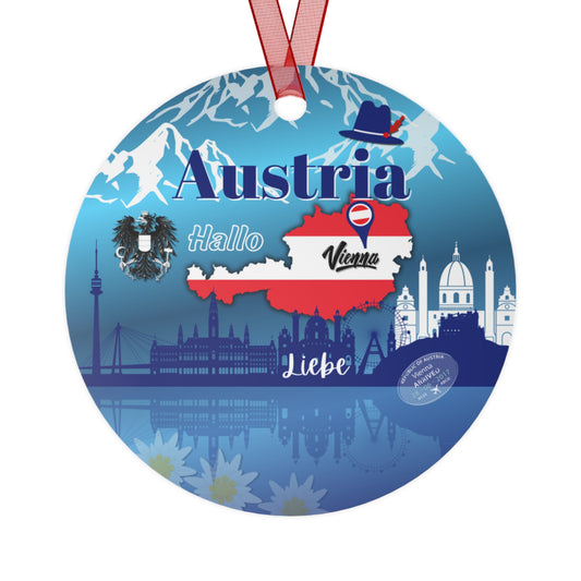 Circular ornament with Austria-themed design featuring a map, flag, and landmarks.