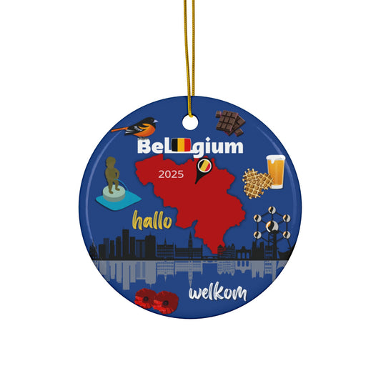 Decorative ornament with Belgium-themed graphics and text on a blue background