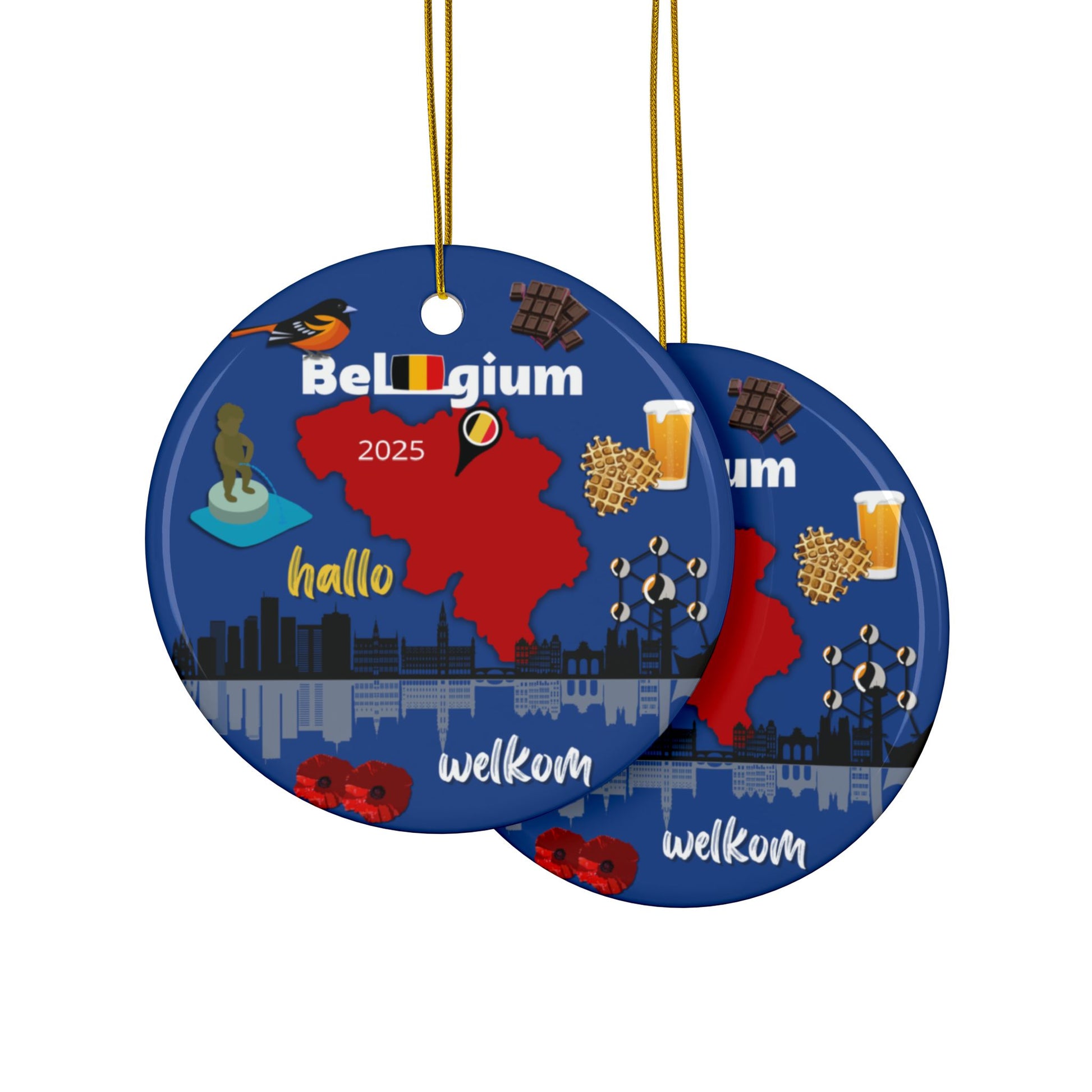 Two round blue ornaments with Belgium-themed designs on a white background
