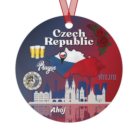 Decorative round emblem with Czech Republic design elements including a map, beer glasses, and skyline.